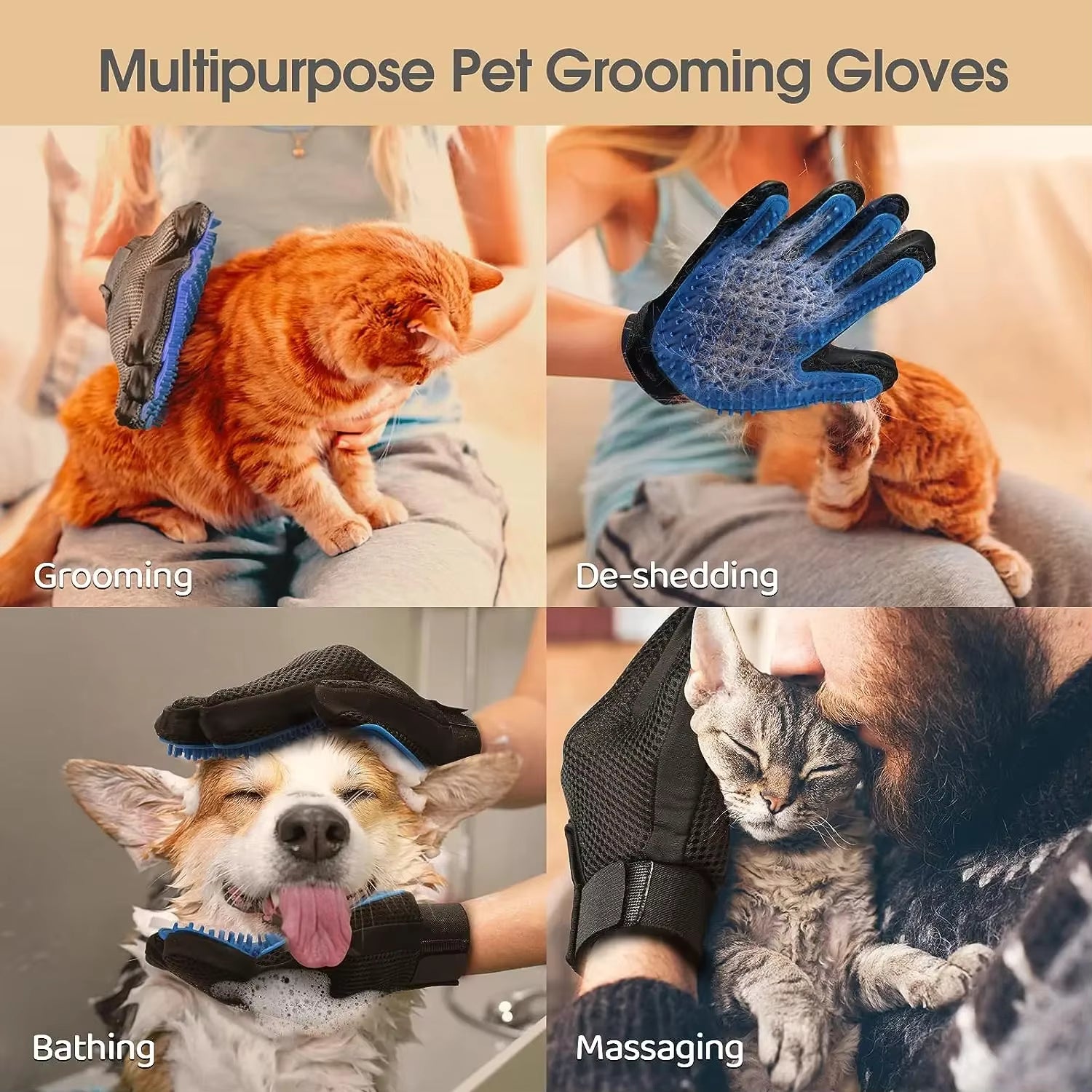 Pet Grooming Gloves Cat Brushes for Gentle Shedding Efficient Pets Hair Remover Mittens - Dog Washing Gloves Cats & Horses